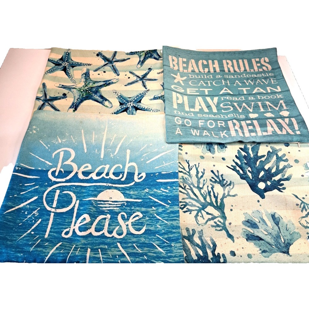 4 Beach Themed Pillow Covers / Cases Summer‎ Vibes Coastal Decor 17x17"